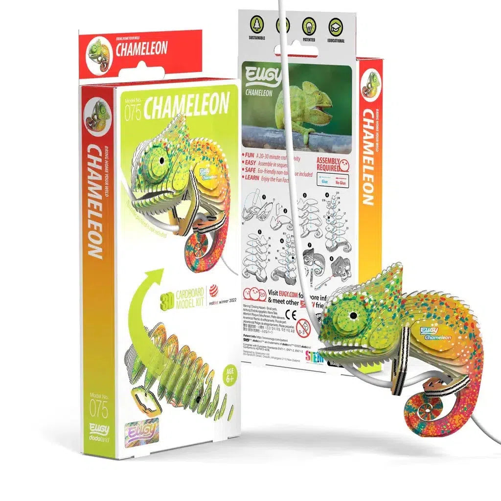 The cardboard chameleon model kit packaging showcases the assembled 3D puzzle. It includes step-by-step assembly instructions, highlighting STEM concepts. Bright colors and detailed designs grace both the eco-friendly model and its packaging.