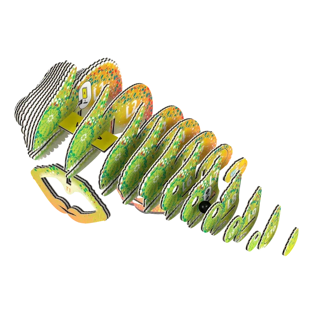 An abstract spiral design with colorful, patterned layers reminiscent of a 3D puzzle. It cleverly incorporates numbers and symbols in shades of yellow, green, and orange, subtly illustrating STEM concepts.