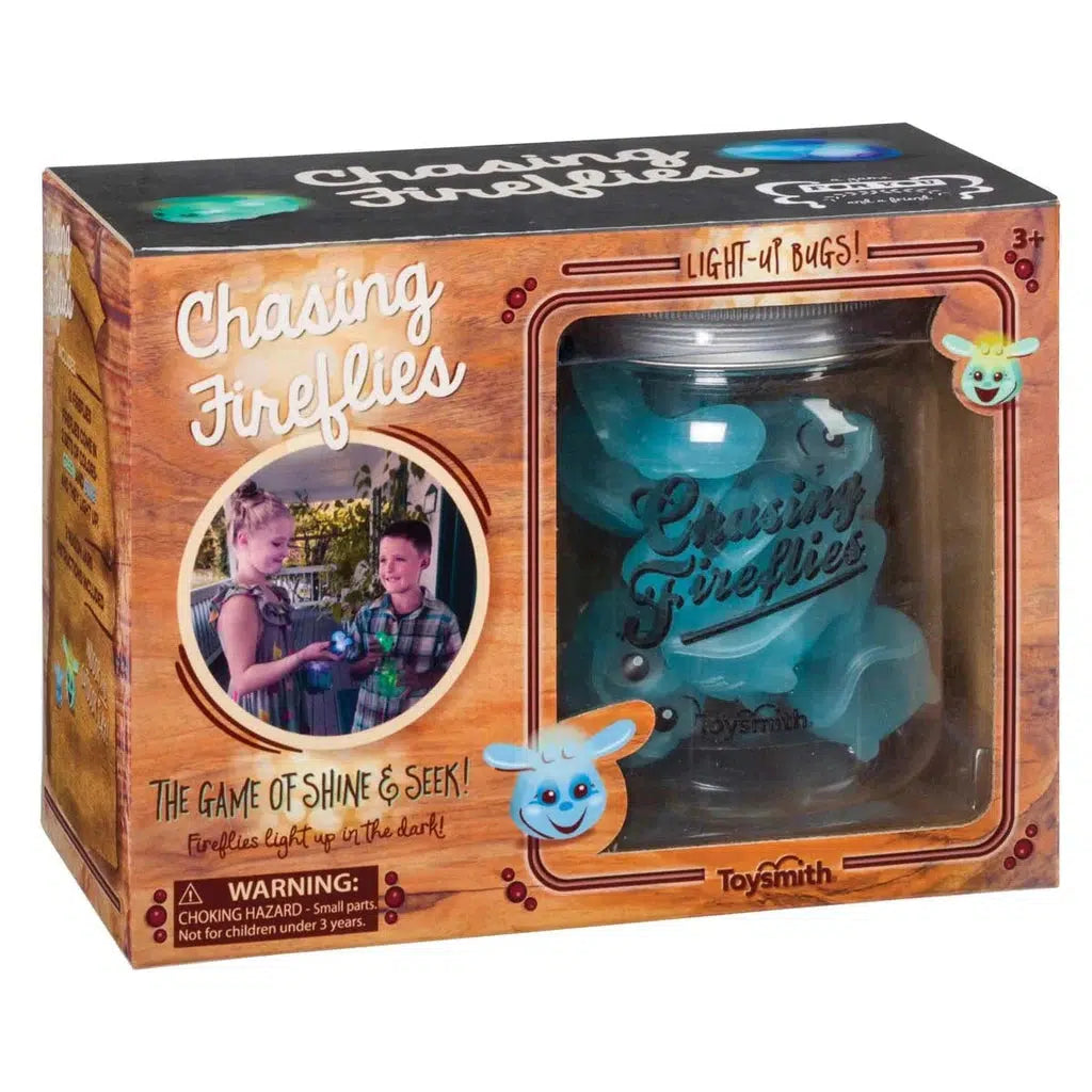 The toy package features "Chasing Fireflies," glow-in-the-dark bugs perfect for a light-up fireflies hide-and-seek game. It includes a jar and a photo of children playing. Warning: small parts, suitable for ages 3 and up.