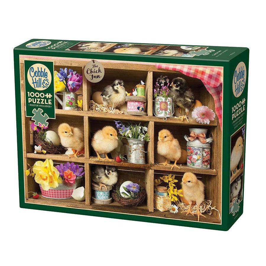 1000 piece puzzle of chicks sitting in wooden cubes set on their sides like small apartments. each cube is also decorated with a small flower or can or similar item