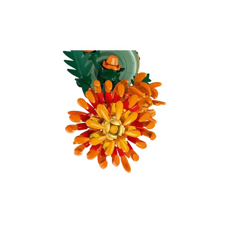 A detailed sculpture of a vibrant orange and yellow chrysanthemum made from LEGO® Icons bricks, featuring layered petals and a green stem—perfect for adding a touch of creativity to your home office decor.