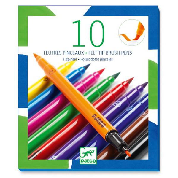 A box of 10 Djeco felt tip brush pens in assorted colors, with one orange pen displayed on top of the others.