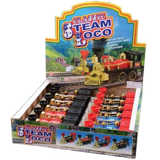 the classic steam train. image shows several trains lined up in a box ready to chuga-chuga on down to your home.