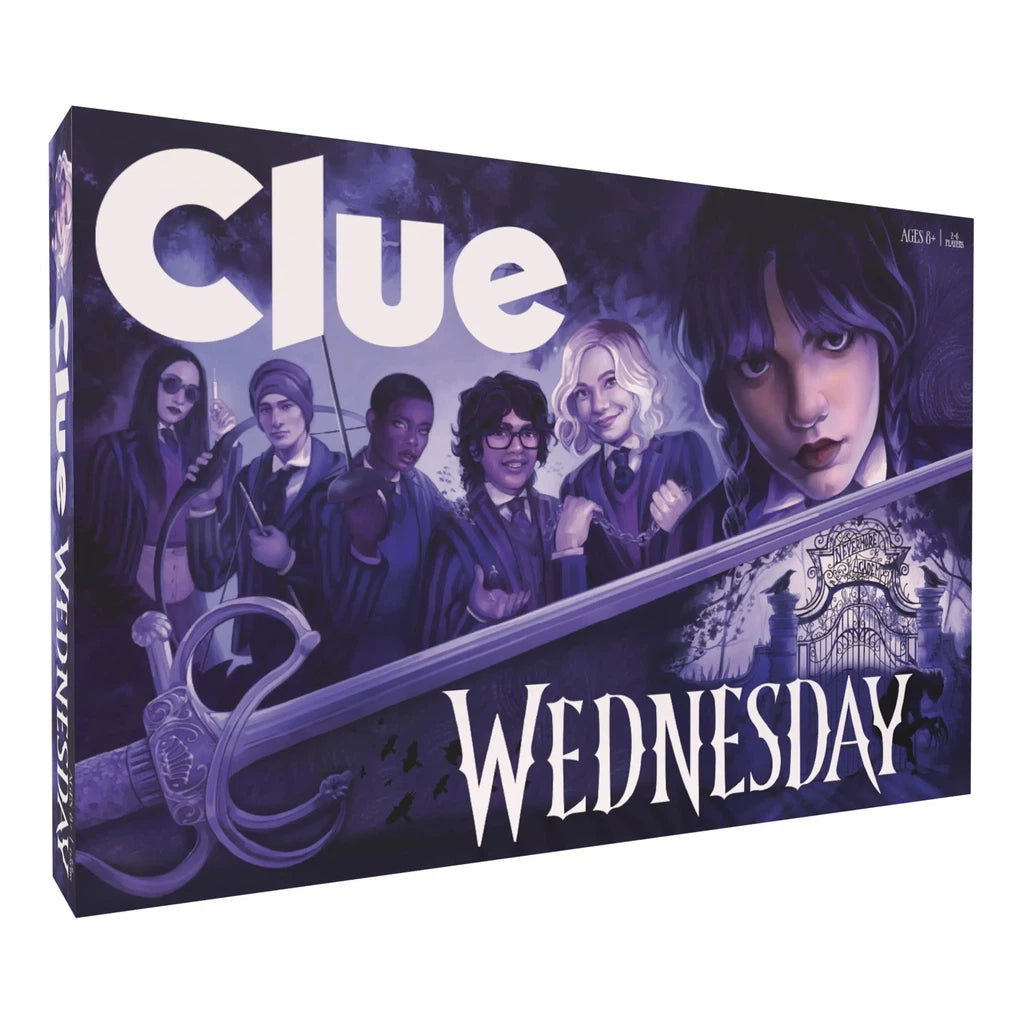 Box cover for the classic mystery game Clue: Wednesday featuring characters in a dark, gothic theme. The title "Clue" is displayed prominently, with "Wednesday" written beneath it, set against the eerie backdrop of Nevermore Academy.