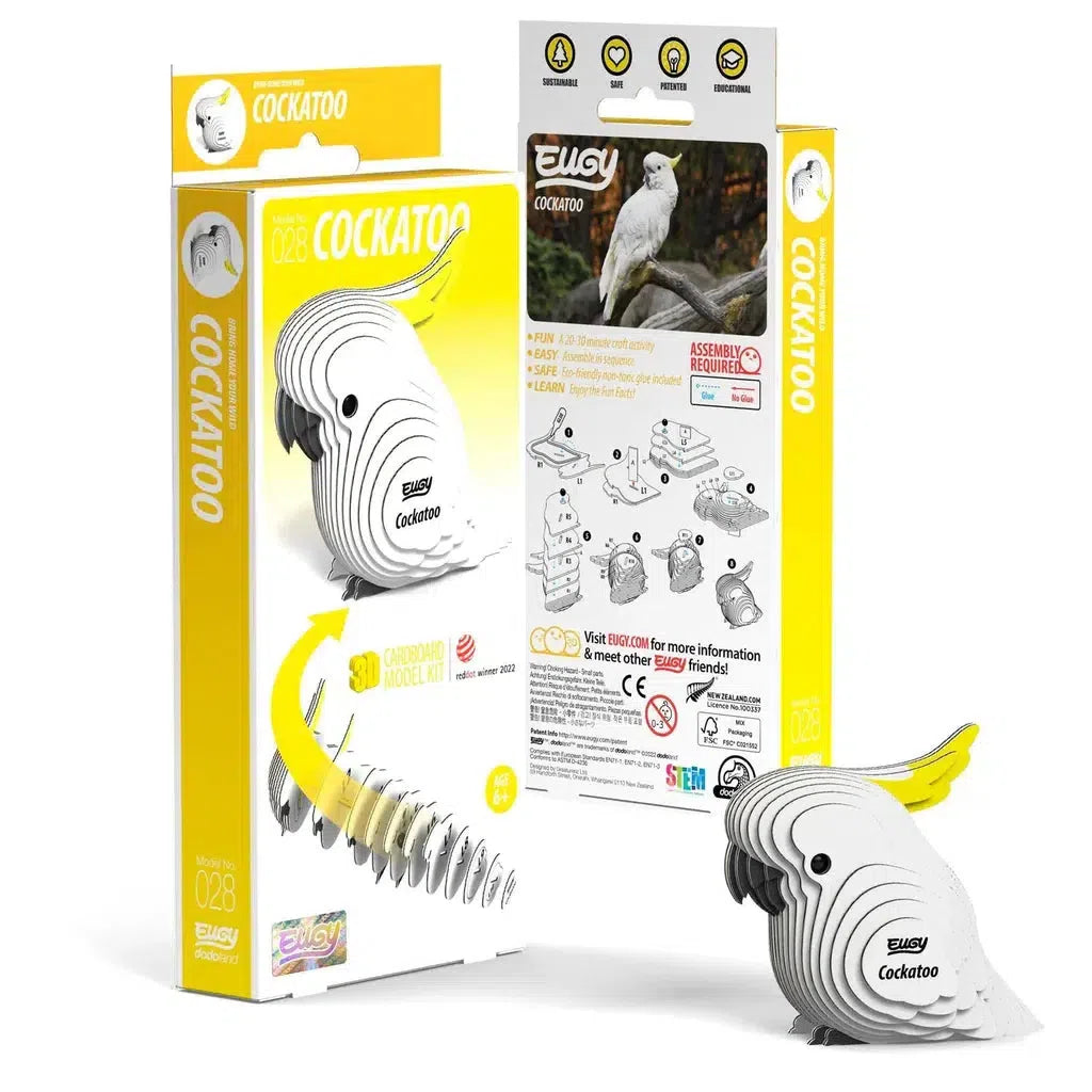 This eco-friendly package features the OWI Eugy Cockatoo 3D cardboard model kit. It includes an illustration of the assembled 3D puzzle and step-by-step instructions, offering a fun and educational experience that integrates STEM concepts.