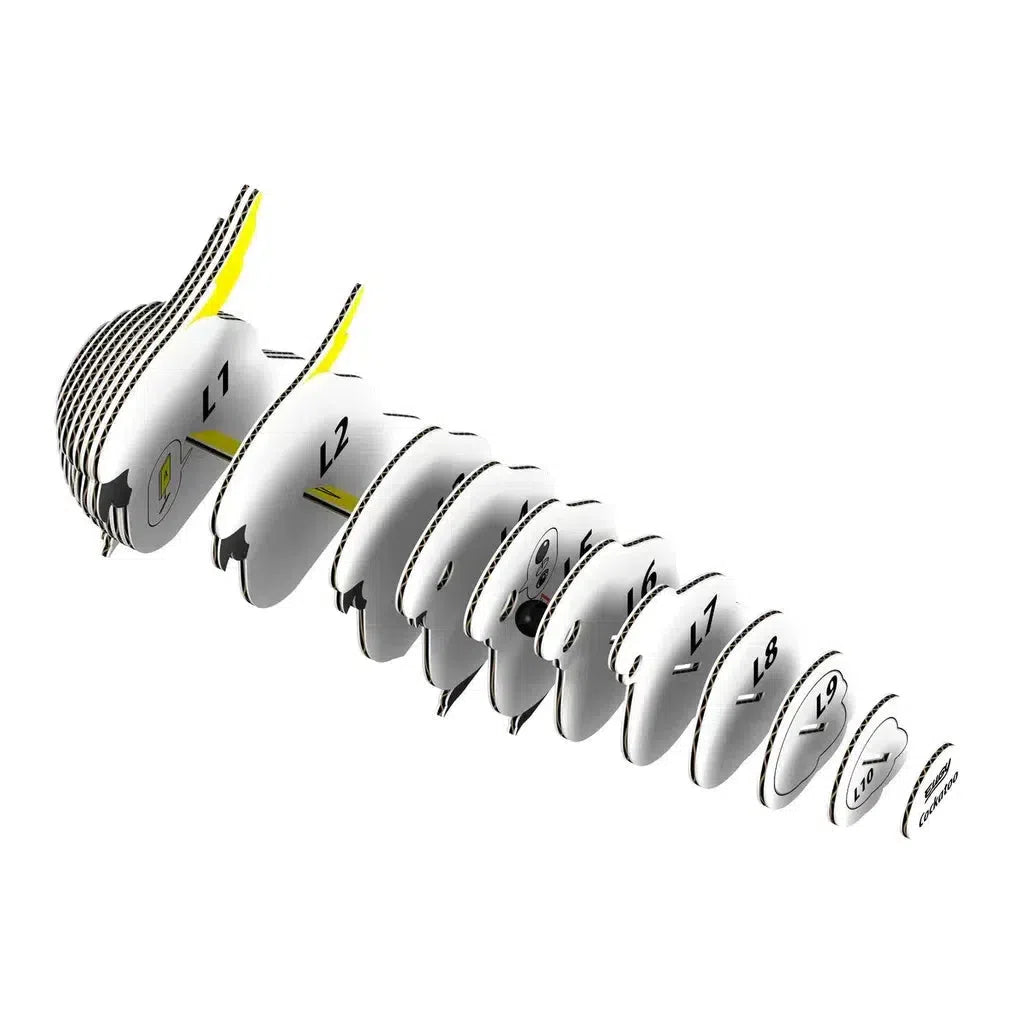 A 3D puzzle featuring a series of white, curved, layered shapes with black outlines and yellow accents, labeled L1 to L9. The staggered arrangement introduces eco-friendly STEM concepts for interactive learning.