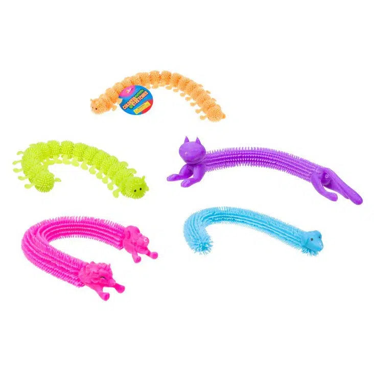 Five bright and colorful animal stretchies: an orange caterpillar, a green caterpillar, a purple cat, a blue worm, and pink worms. These playful squish toys make for endless fun with their stretchy designs and vibrant colors.