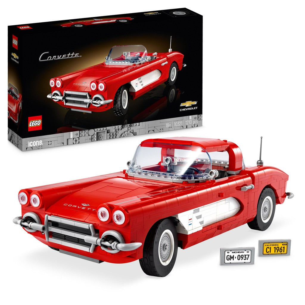 the LEGO icons Corvette comes with two LEGO license plates.