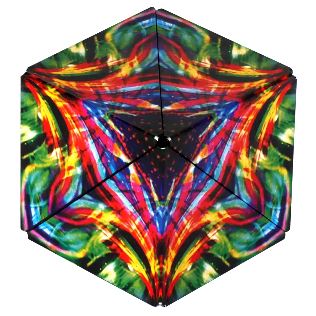 A kaleidoscopic pattern with vibrant colors like red, blue, green, and yellow forms a symmetrical hexagonal design inspired by a Shashibo cube that transforms using rare earth magnets.