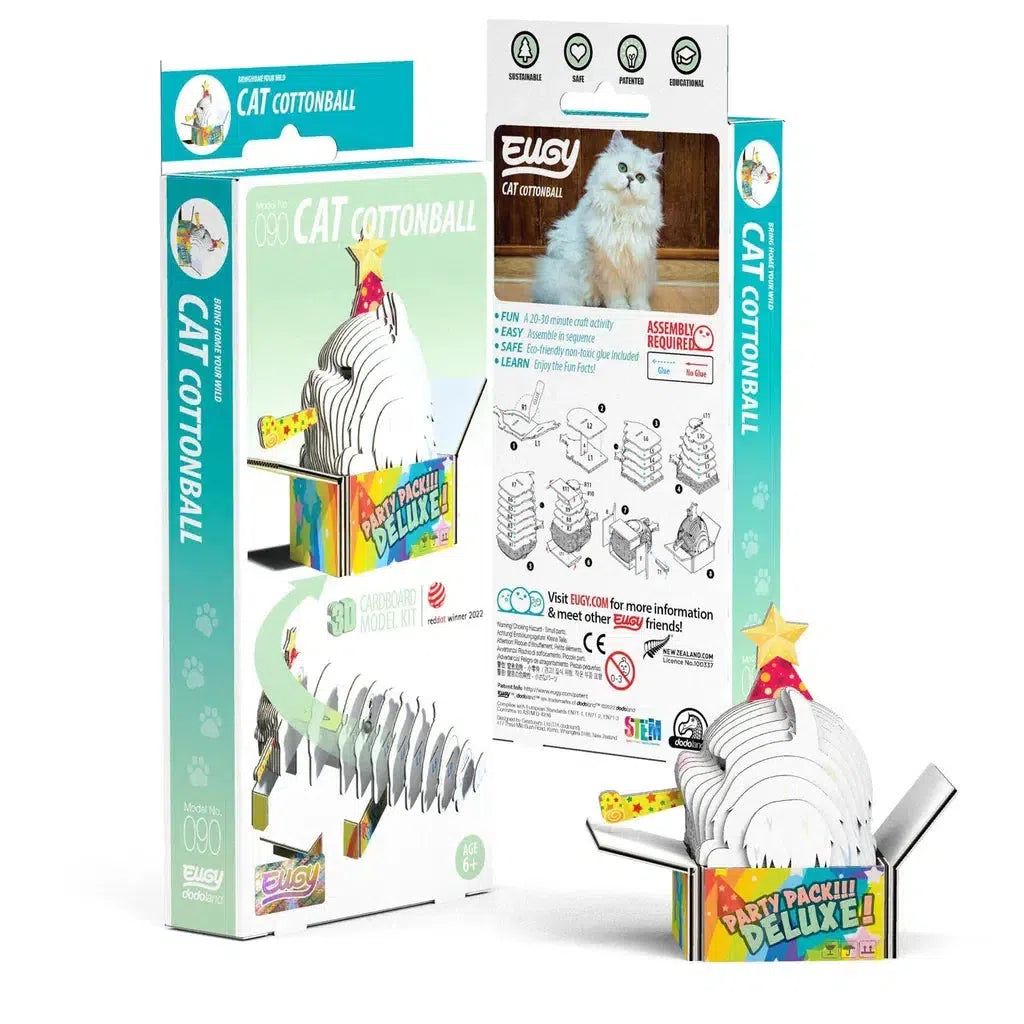 The eco-friendly cat toy packaging features a spiral cardboard structure and assembly instructions. The box showcases a picture of a white cat and the product name "Cat Cottonball," blending playtime with STEM concepts.