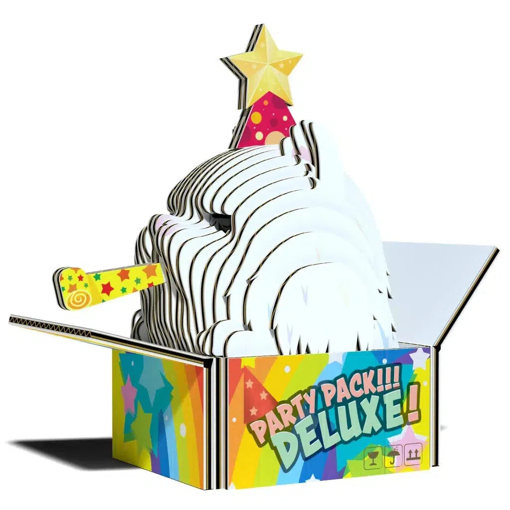 EUGY presents an eco-friendly cardboard cutout of a fluffy object adorned with a star, colorful hat, and party horn. Nestled in the "Party Pack!!! Deluxe!" box featuring festive graphics, this delightful 3D puzzle is sure to add joy to any celebration.