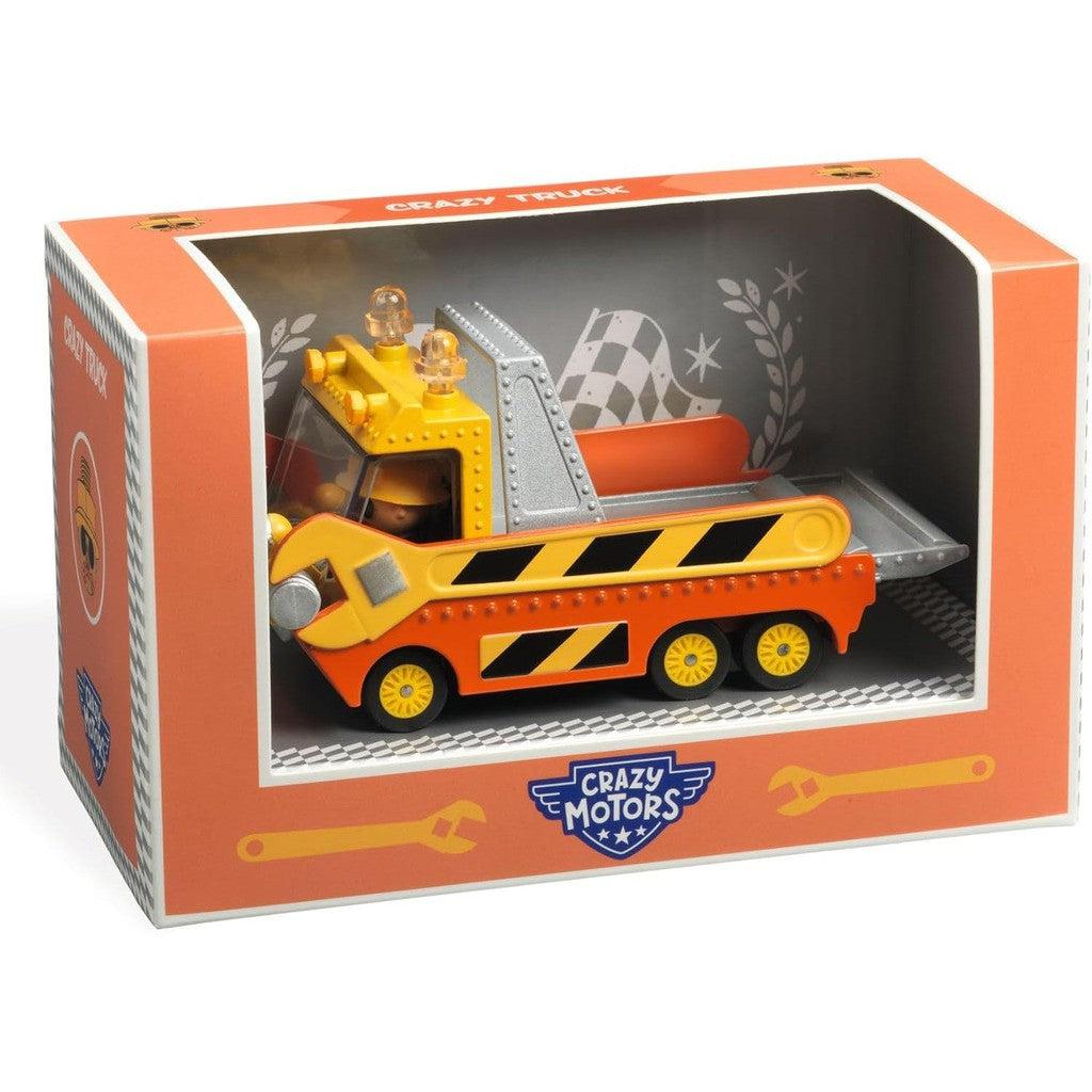 The Crazy Motors toy tow truck boasts an eye-catching orange and yellow color scheme, securely nestled inside a display box labeled "Crazy Motors." Perfect for the Toys and Games section, this lively piece is sure to captivate enthusiasts of all ages.