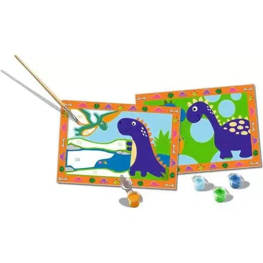 two paintings of dinosaurs with supplies