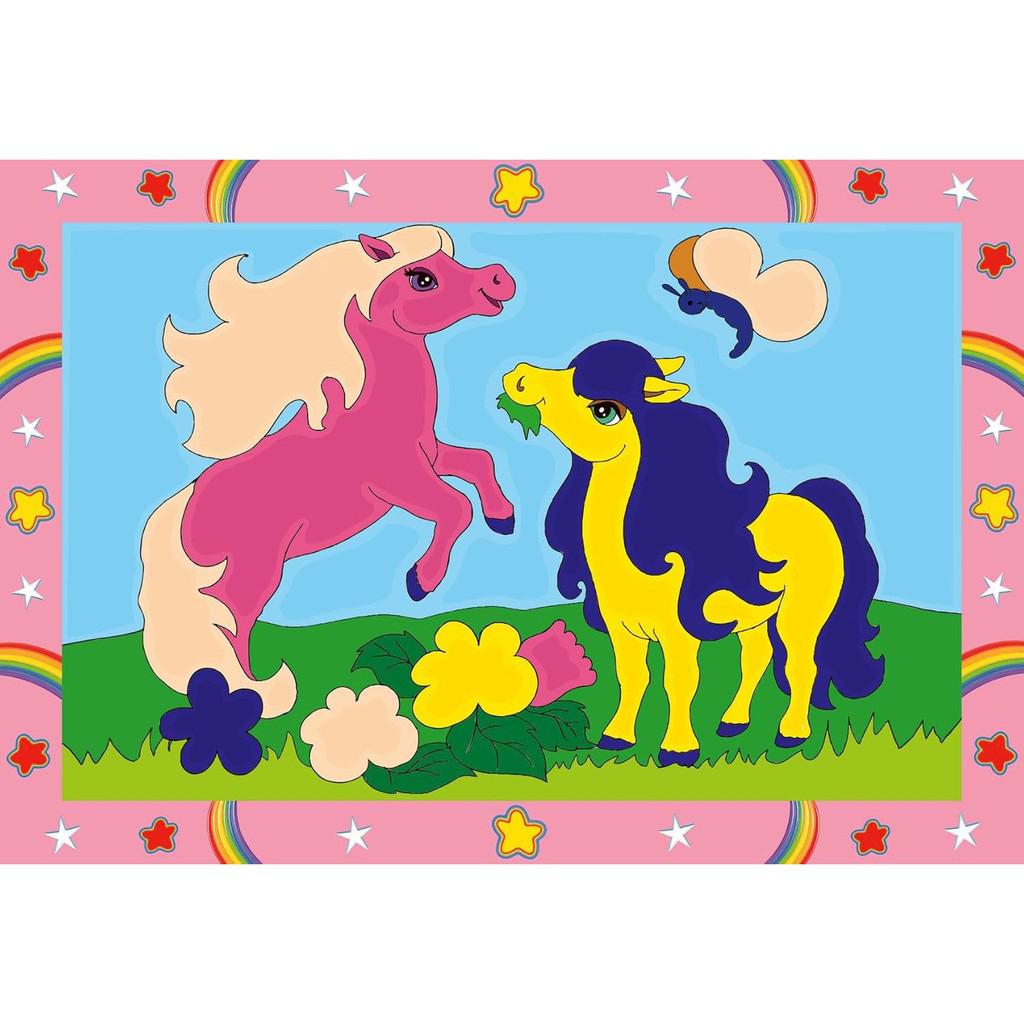 Two cartoon ponies in a field surrounded by a pink border. The ponies are pink and yellow