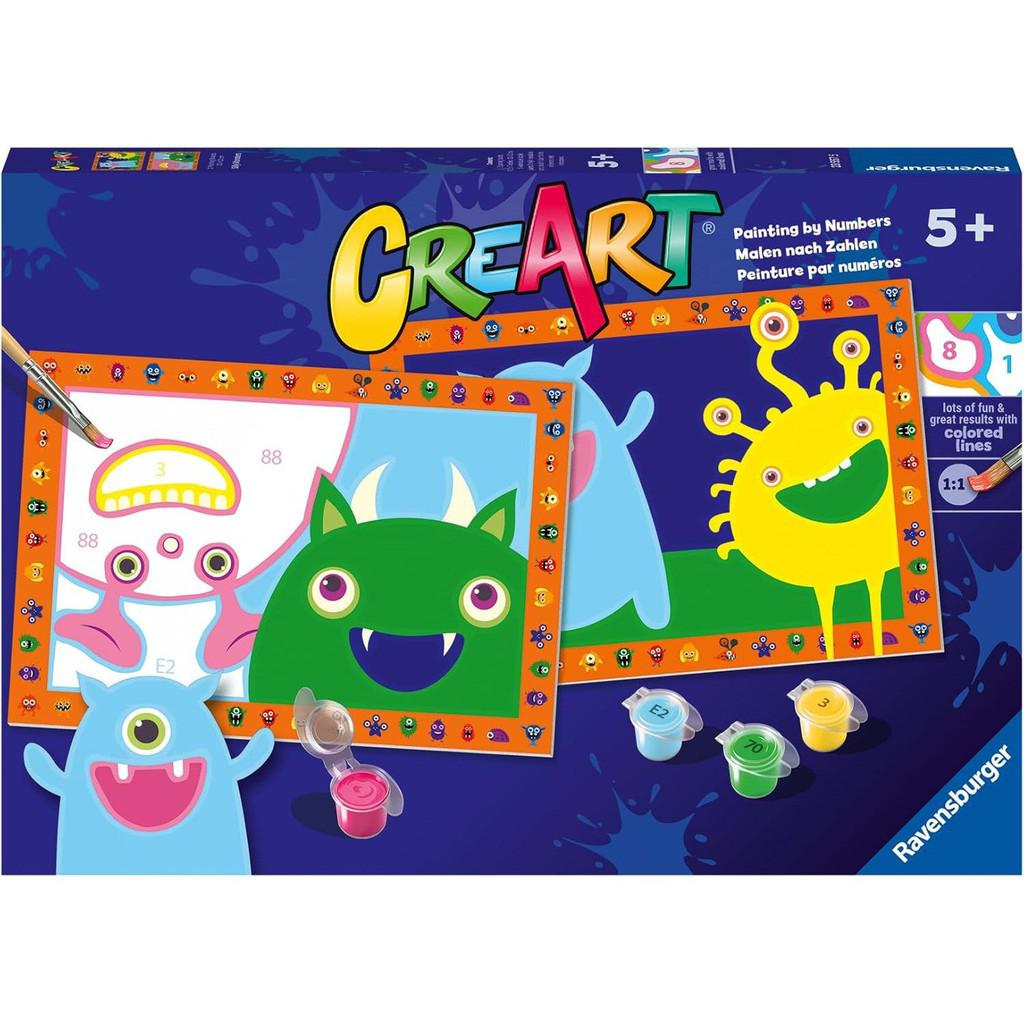 Discover the vibrant Ravensburger Silly Monsters painting kit, featuring cartoon monsters with paintbrushes and paint pots. Perfect for young artists ages 5 and up, this engaging arts and crafts set combines creativity with fun in a delightful paint-by-numbers style.