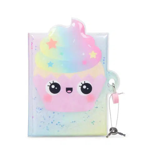 Pastel rainbow-colored diary that locks, with a cartoon cupcake on the cover. 