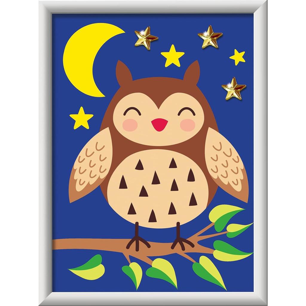 Illustration of a smiling cartoon owl on a branch, with a crescent moon and stars in the night sky, perfect for kids' arts and crafts. This enchanting scene could be part of a Ravensburger CreArt paint by numbers set, inviting young artists to bring it to life.