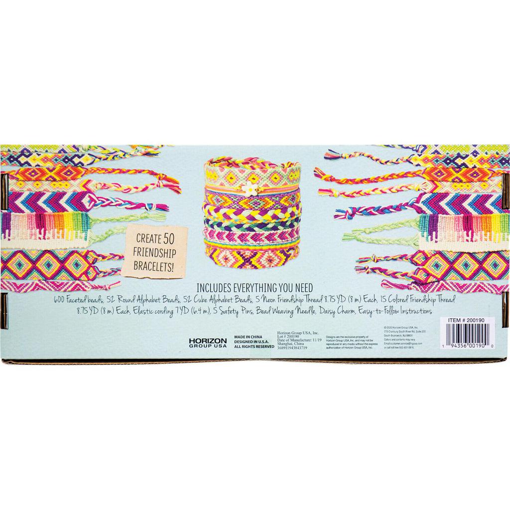 Colorful friendship bracelets with supplies displayed against a light background, featuring a sign stating "Create 50 Friendship Bracelets!" Includes materials and instructions details.