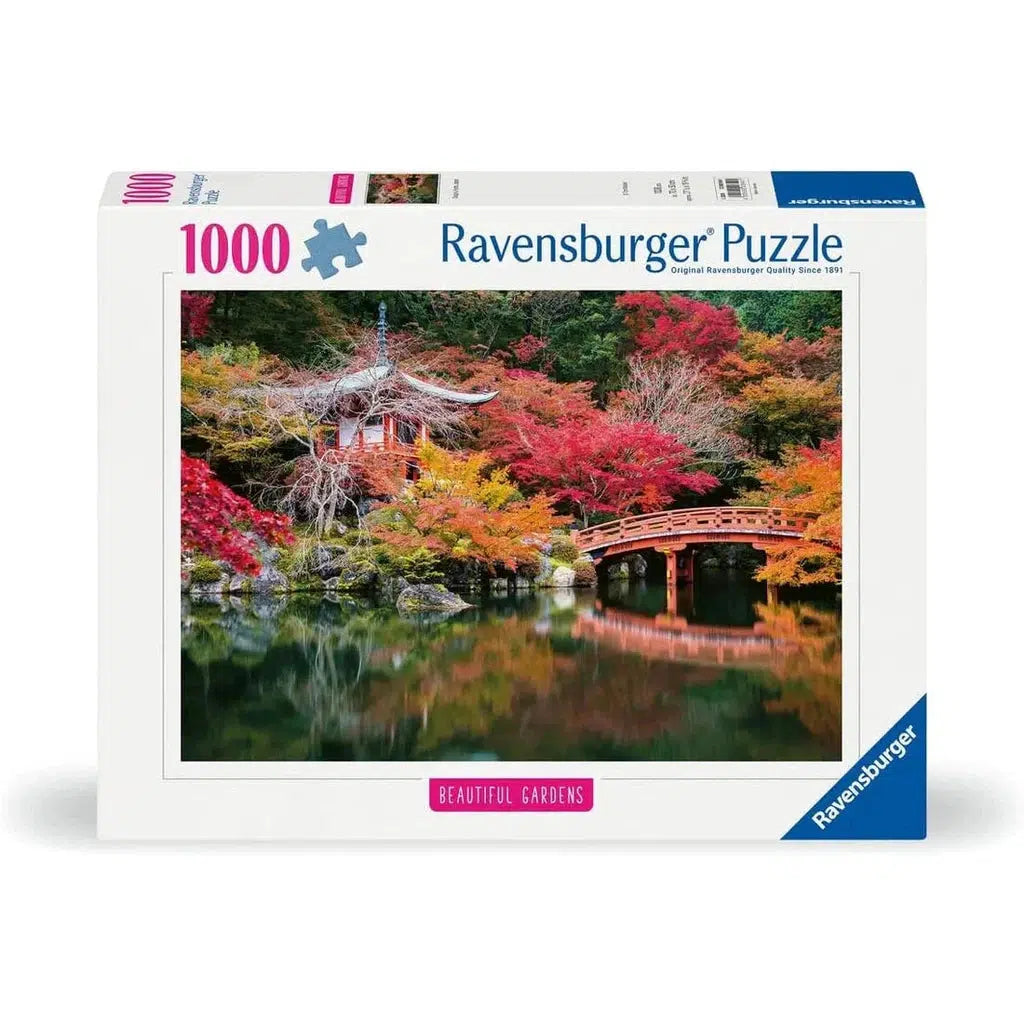 <font style="vertical-align: inherit;"><font style="vertical-align: inherit;">The Ravensburger Puzzle box beautifully captures a tranquil garden scene reminiscent of Daigo-ji in Kyoto, featuring a red bridge gracefully arching over a pond, surrounded by vibrant autumn foliage.</font></font>