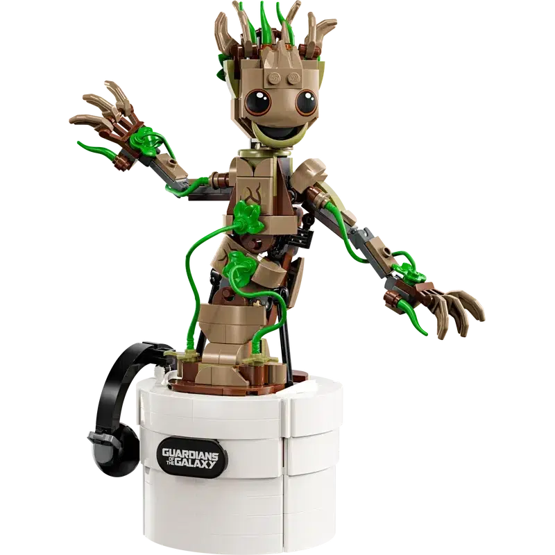 This delightful LEGO model captures the charm of Dancing Groot with its tree-like features, large eyes, green vines, and cheerful smile. Perfect for kids and fans alike, it stands proudly on a white base labeled "Guardians of the Galaxy.