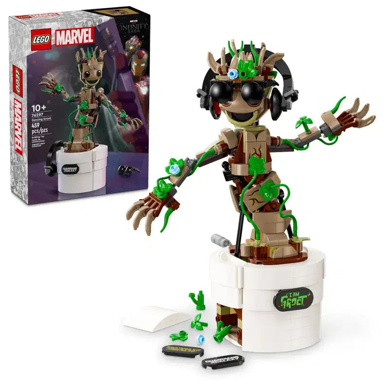 The LEGO "I Am Groot" set is an interactive building toy showcasing a Dancing Groot figure complete with headphones and accessories, elegantly displayed next to its box.