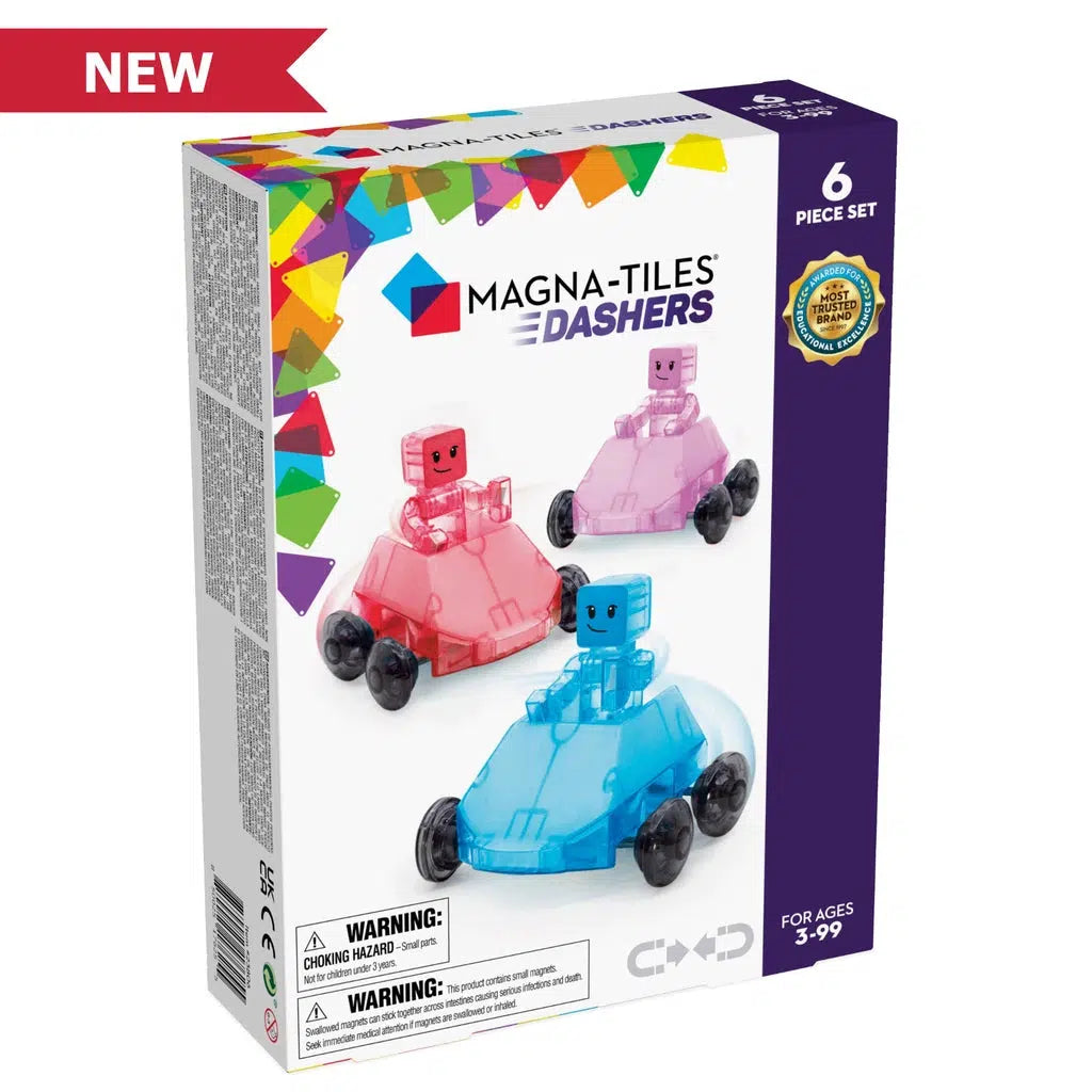 this image shows the dashers for magna tiles. there are three cars and people can can zip around the magna tiles traack.