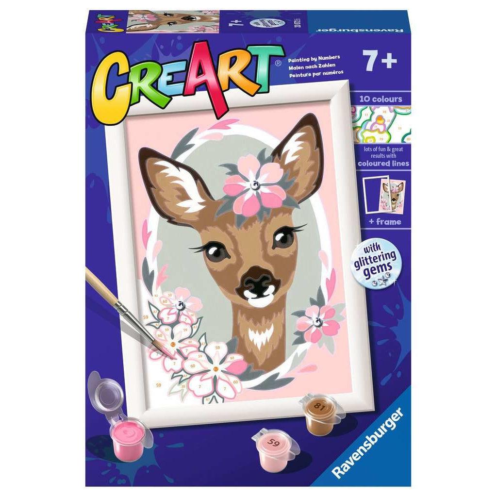 this picture shows the CreArt for a deer paint by numbers kit. there are also glittering plastic gems to add to the art when it is done.