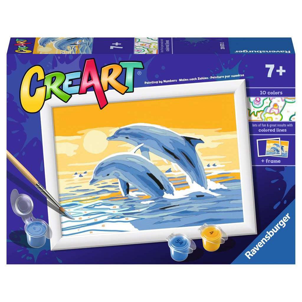 This picture shows two dophins leaping out of the water as the sun sets. this is a paint by numbers kit that comes with a frame.