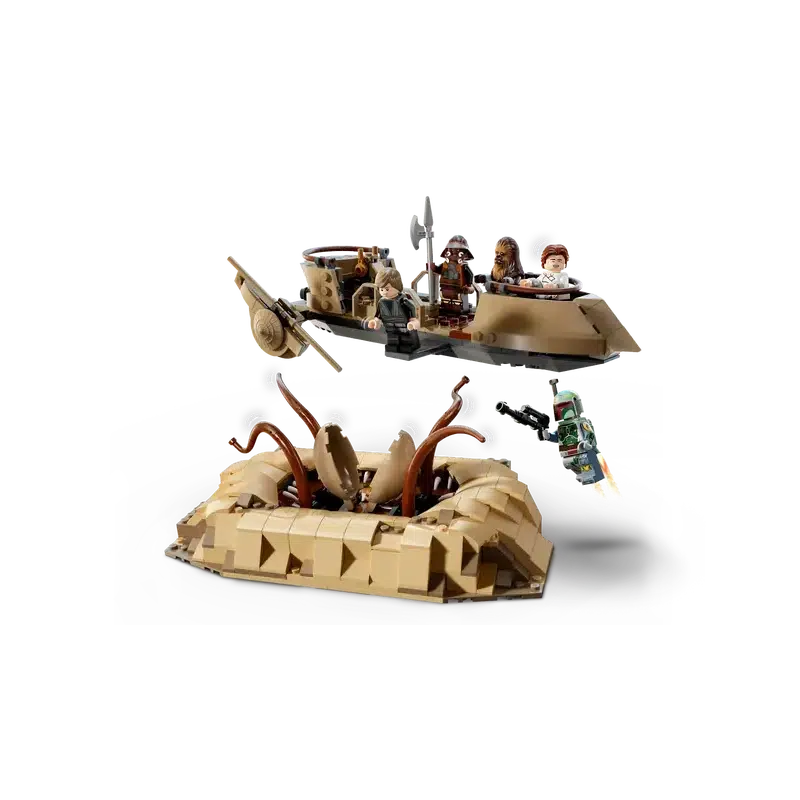 This Star Wars buildable toy set features an exciting scene with a desert skiff and a Sarlacc pit, including minifigures resembling characters from the iconic sci-fi universe, complete with a jetpack-equipped figure soaring through mid-air. It's the perfect gift toy for fans and collectors alike.