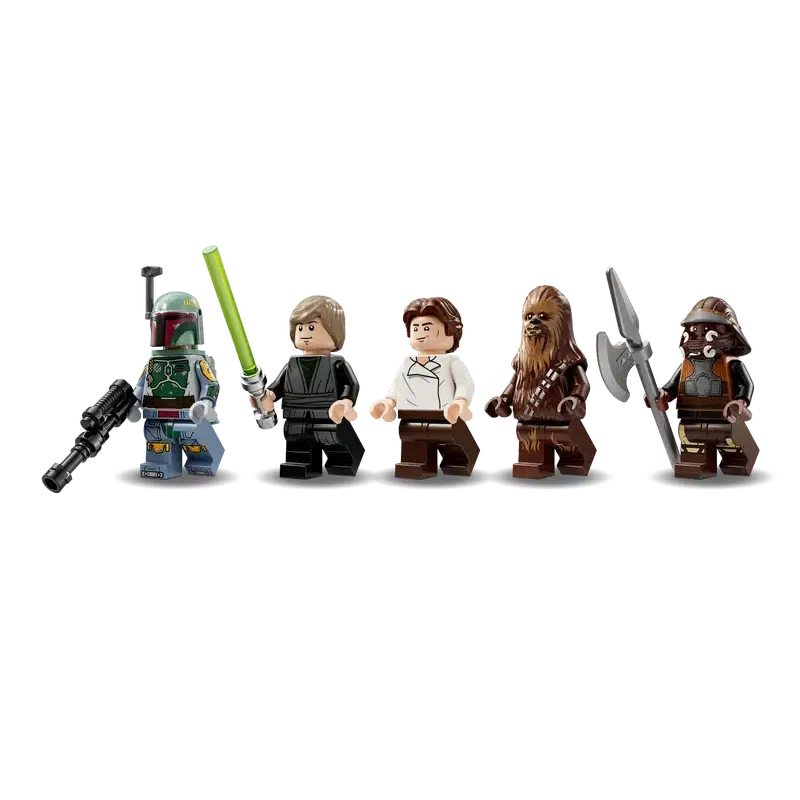 These five LEGO Star Wars minifigures—Boba Fett, Luke Skywalker, Han Solo, Chewbacca, and an Ewok—come armed with their iconic weapons. This buildable toy set is the perfect gift for any Star Wars fan.