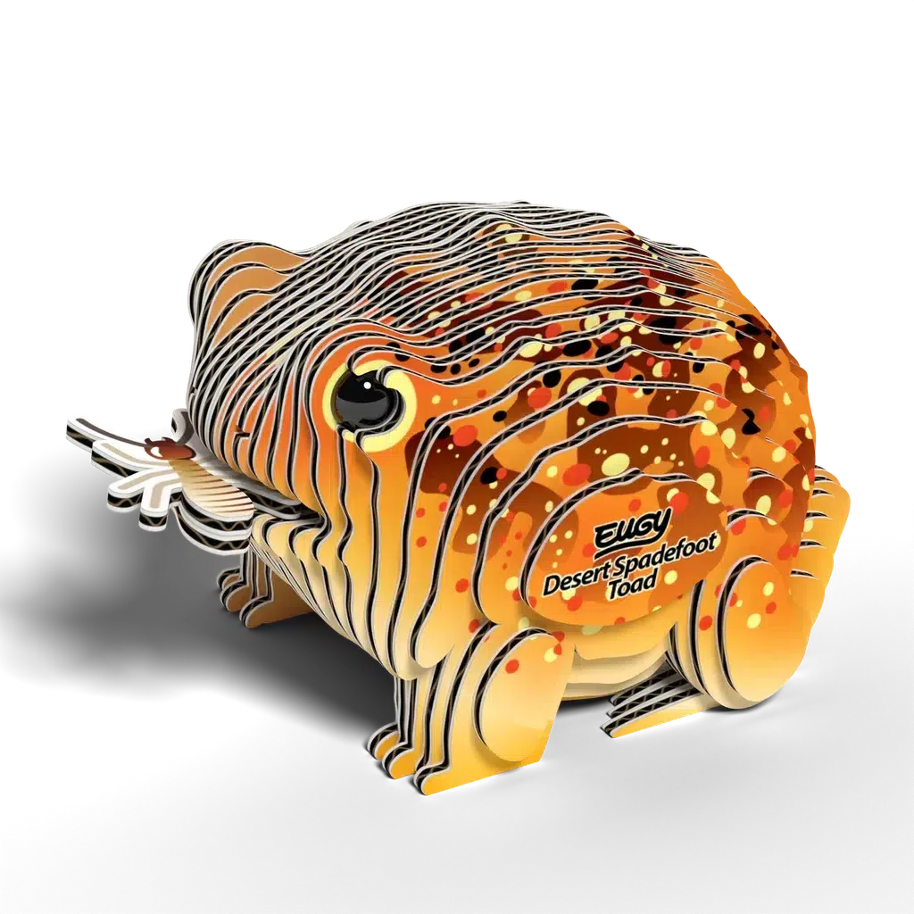 The 3D puzzle model of a desert spadefoot toad features layered, orange and yellow patterns, making it an eco-friendly collectable toy. Labeled "Eugy Desert Spadefoot Toad," this sustainable creation is perfect for enthusiasts of nature and design.