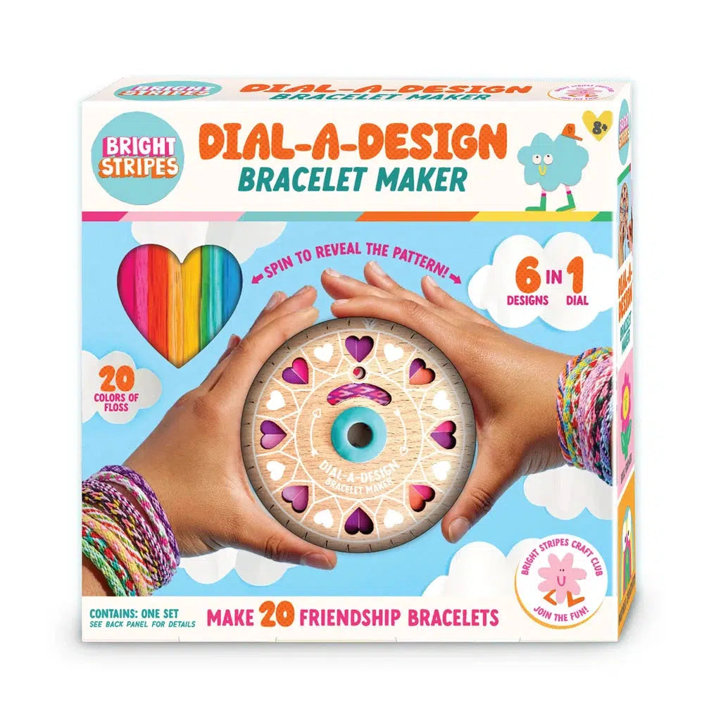 The Dial-A-Design Bracelet Maker box includes a patent-pending design dial for 6 unique styles and 20 colors of embroidery floss, allowing you to create up to 20 bracelets.