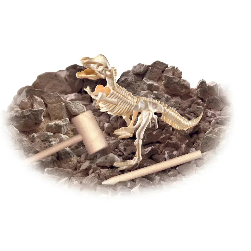 A toy dinosaur skeleton, reminiscent of a Smithsonian kit, is surrounded by rubble with small wooden tools.