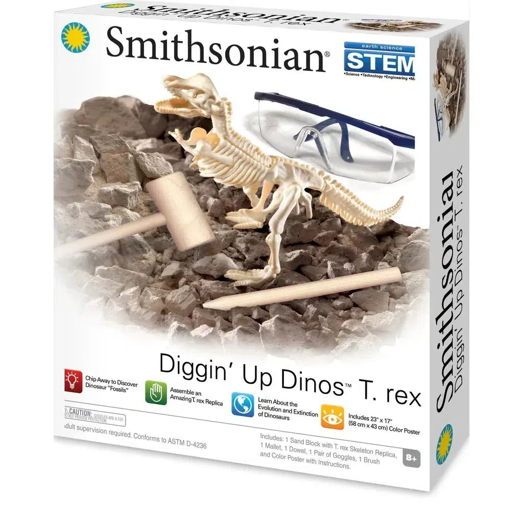 Box of a Smithsonian "Diggin' Up Dinos" T. rex excavation kit, featuring dinosaur bones, tools, and safety goggles for an immersive adventure into fossils while promoting STEM learning.