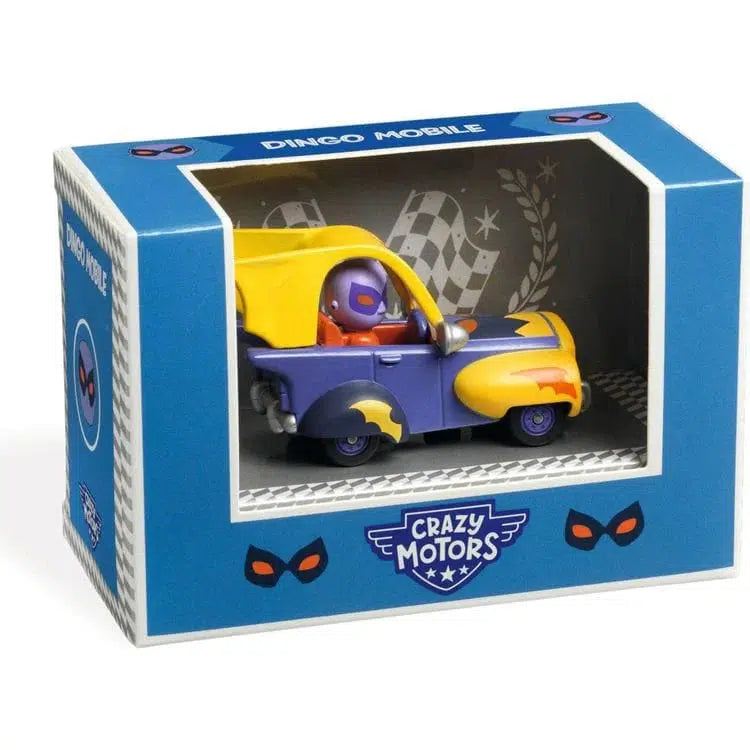 The colorful box labeled "Dingo Mobile" by Crazy Motors showcases the toy car's dazzling ultrasonic metallic paint and racing-themed graphics, capturing the spirit of crazy cars.