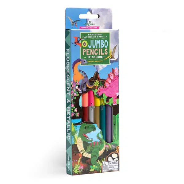 A colorful box of 12 jumbo pencils, winner of the prestigious Oppenheim Gold Award, features fluorescent and metallic colors with dinosaur illustrations on the packaging and an easy grip for little hands.