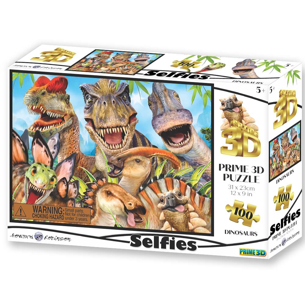 Discover the 100-piece 3D puzzle box by Prime 3D Ltd, showcasing cartoon dinosaurs capturing a fun group selfie. Perfect for young explorers aged 5 and up