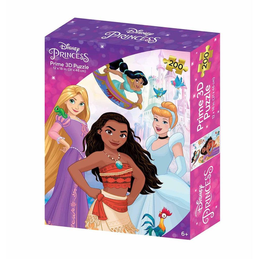 Discover the magic with the Disney Princess 200-piece 3D puzzle box by Prime 3D Ltd, showcasing beloved princesses with their animal companions against a stunning castle backdrop. 