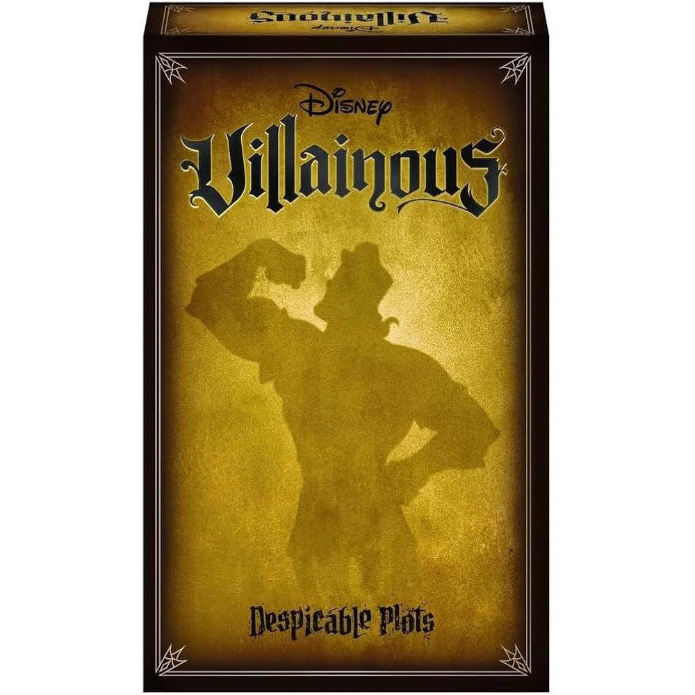 Front of Disney Villainous Despicable Plots game, a yellow cover with a silhouette of Gaston from Beauty and the Beast