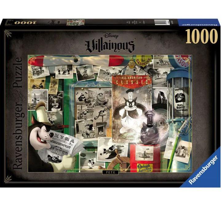 Box cover of a 1000-piece Ravensburger Disney Villainous puzzle featuring a collage of Pete images, vintage memorabilia, and film-related items. Enjoy the Softclick Technology that ensures pieces fit perfectly together for an engaging and seamless puzzling experience.