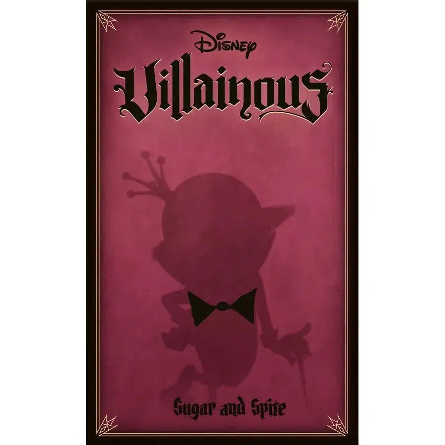 Cover of Disney Villainous game expansion, "Sugar and Spite," featuring a silhouette of a character with a crown and bowtie against a red background.