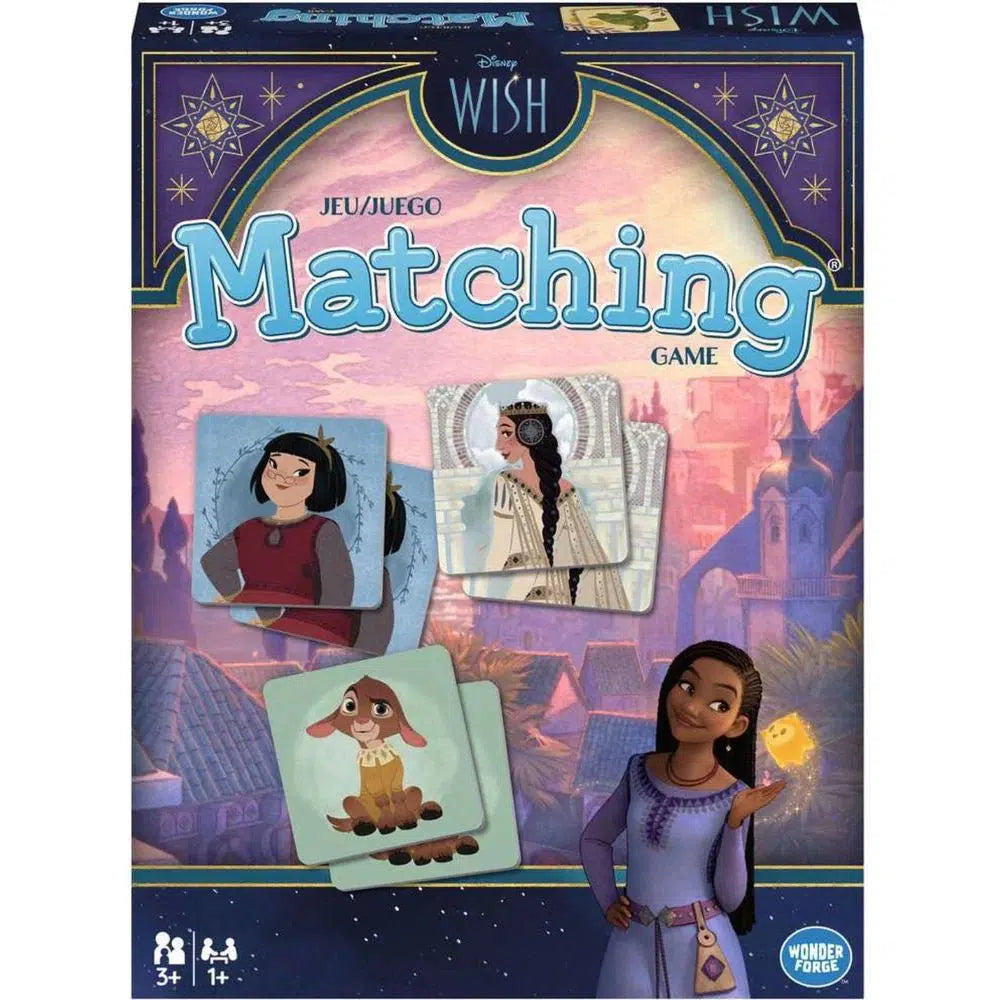 Disney's Wish matching and memory game. Shows characters from the movie on cards and indicates that there are two of every card.