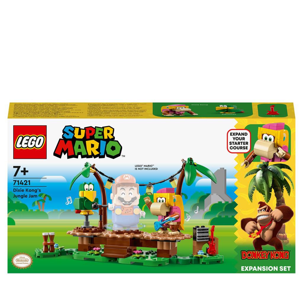 image shows the box of the LEGO Super Mario Dixie Kong's Jungle Jam. Dixie kong is standing on a theater playing a LEGO guitar.