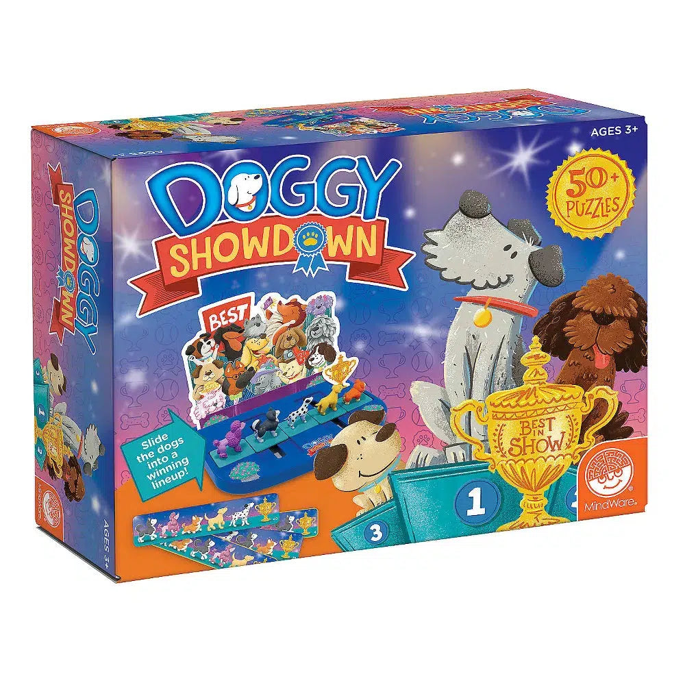 this image shows the box for doggy showdown. there are 50+ puzzles inside. simply slide the dogs inot a winning lineup.