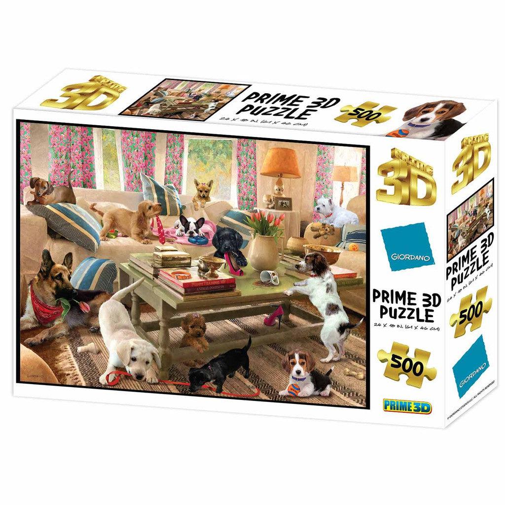 3D puzzle by Prime 3D Ltd, showcasing a living room brimming with dogs in playful activities. Assemble the charm and chaos of dogs in the living room for a unique puzzling adventure.