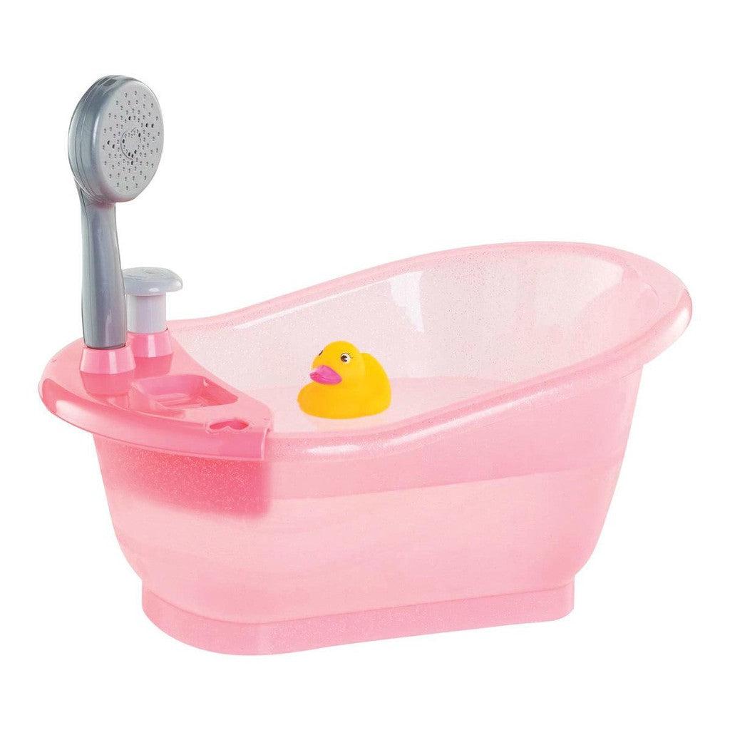 A pink toy bathtub with a showerhead and a yellow rubber duck inside.