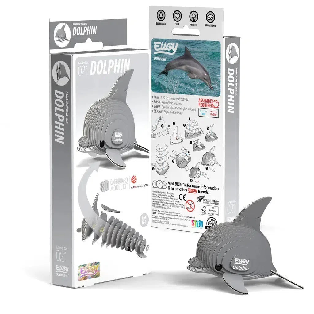 Discover the joy of assembling this eco-friendly 3D puzzle of a dolphin, complete with detailed assembly instructions and a vibrant dolphin image on the packaging. Labeled "Model 021 Dolphin," the box proudly features eco-conscious icons, making it perfect for exploring STEM concepts while having fun.