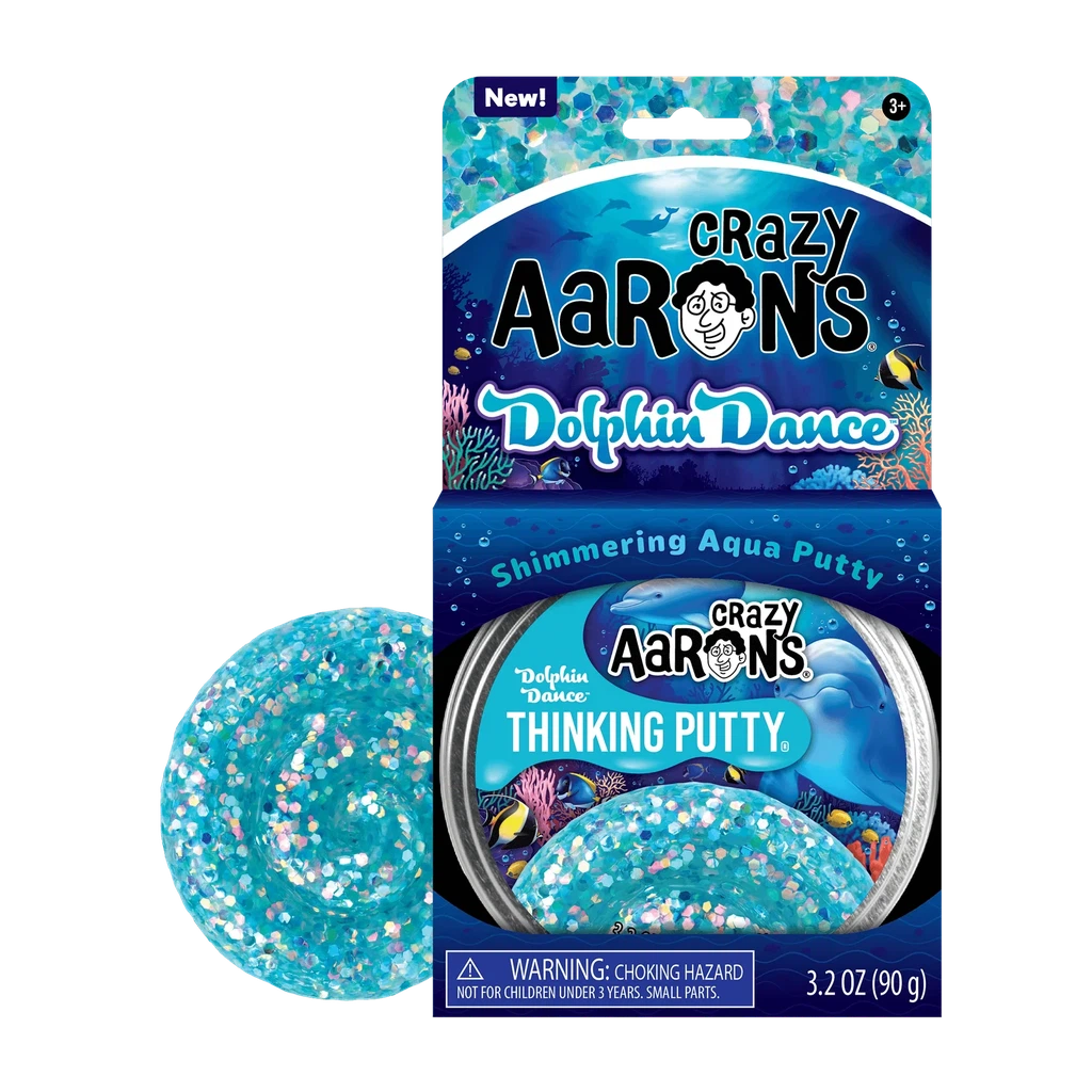 Packaging of dolphin dance putty which is all blue. the putty has blue-toned sparkles in it