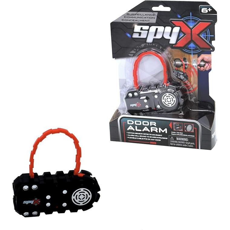 The SpyX Door Alarm toy package features a sleek black device with a red handle, perfectly blending into your covert operations. The packaging showcases clear usage instructions, making it an ideal addition to your Spy Gear Toy collection.