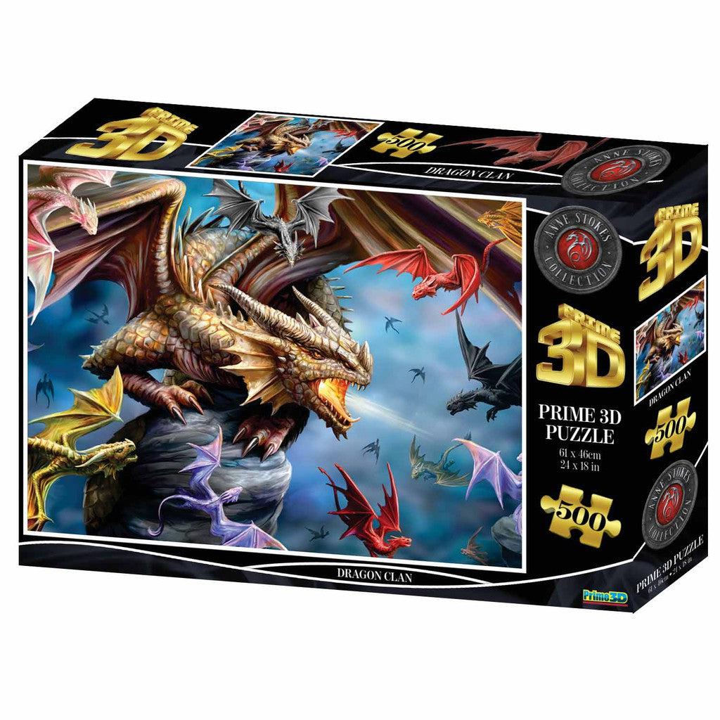 The box of the 3D puzzle "Dragon Clan," by Prime 3D Ltd, showcases an illustration of multiple dragons in flight encircling a central dragon perched on a rocky ledge. 